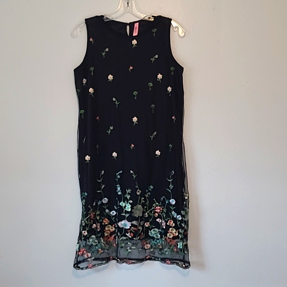 Magic Garden Black Dress w/ Colorful Embroidered Garden Flowers Sleeveless Sz.L - Picture 1 of 12